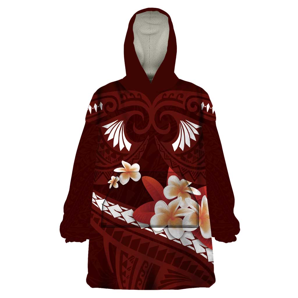 Oxblood Polynesia Wearable Blanket Hoodie Tribal Pattern Tropical Frangipani