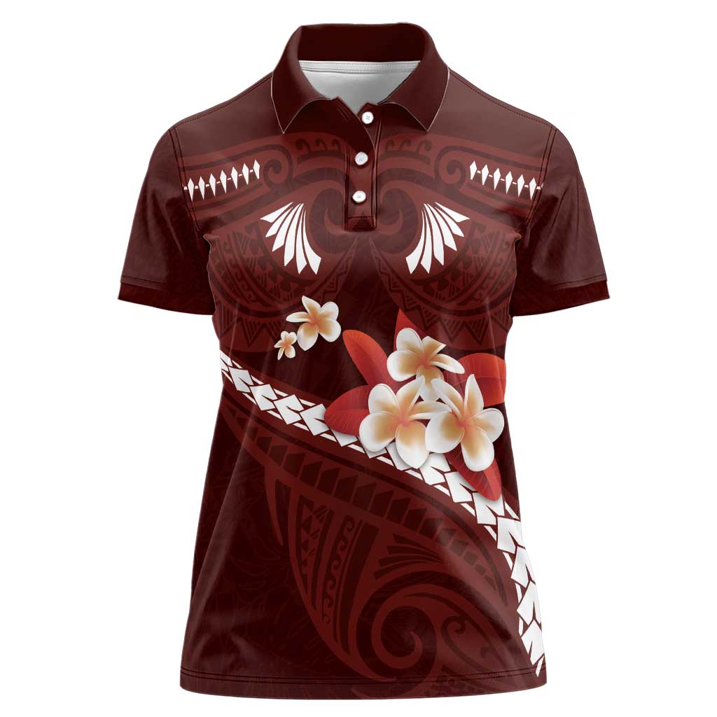 Oxblood Polynesia Women Polo Shirt Tribal Pattern Tropical Frangipani