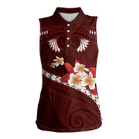 Oxblood Polynesia Women Sleeveless Polo Shirt Tribal Pattern Tropical Frangipani