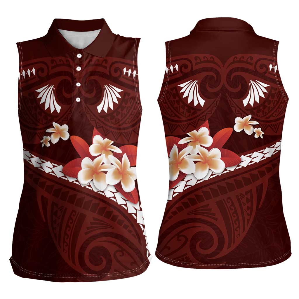 Oxblood Polynesia Women Sleeveless Polo Shirt Tribal Pattern Tropical Frangipani