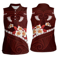 Oxblood Polynesia Women Sleeveless Polo Shirt Tribal Pattern Tropical Frangipani