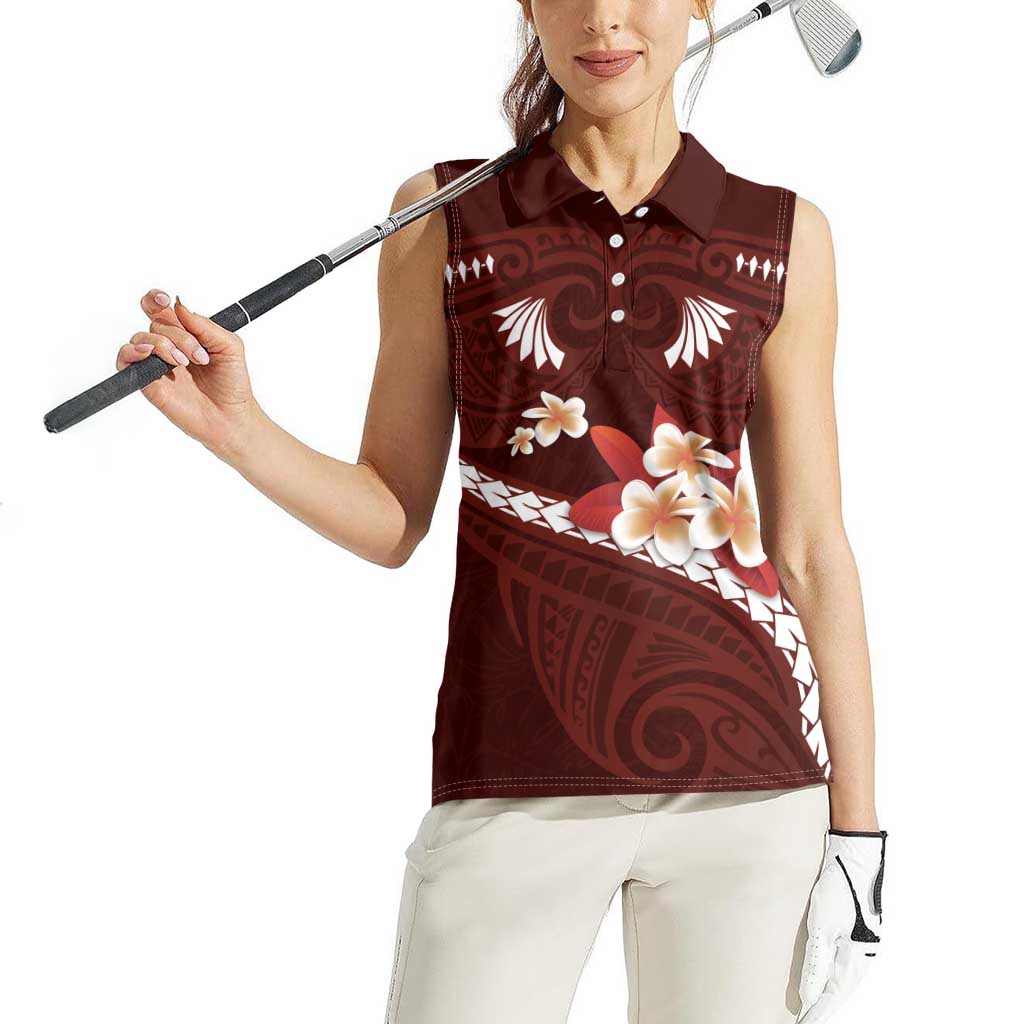 Oxblood Polynesia Women Sleeveless Polo Shirt Tribal Pattern Tropical Frangipani