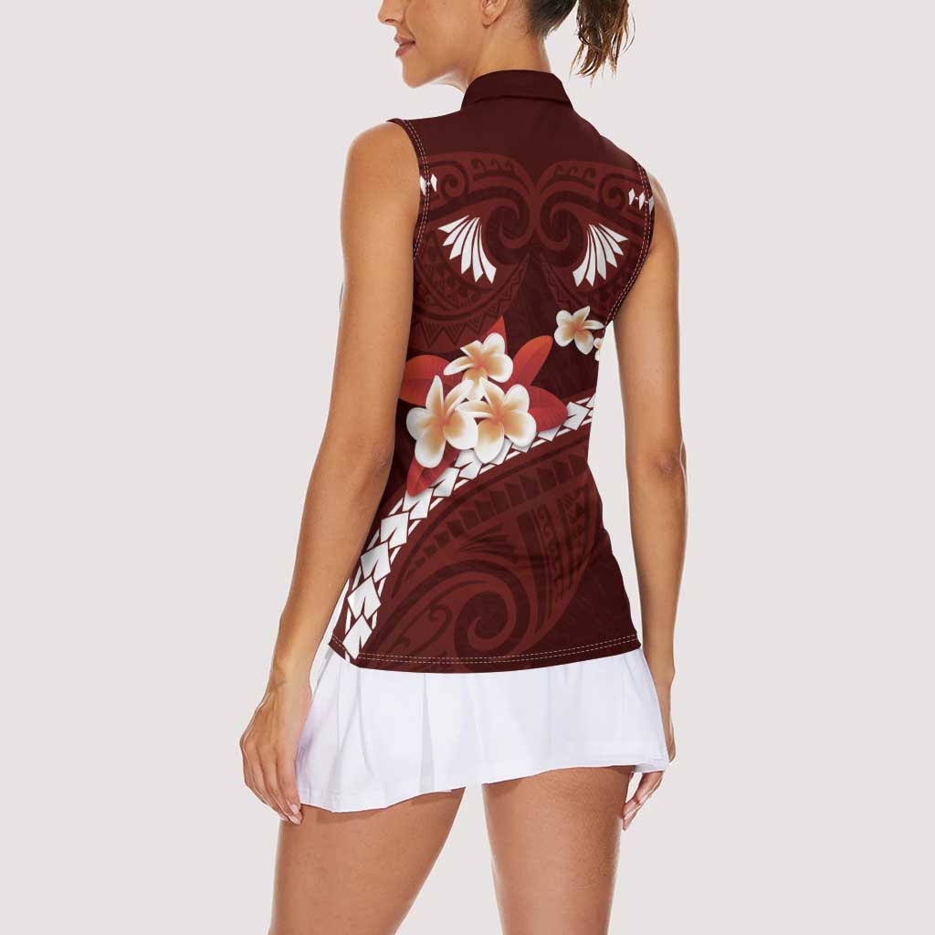 Oxblood Polynesia Women Sleeveless Polo Shirt Tribal Pattern Tropical Frangipani
