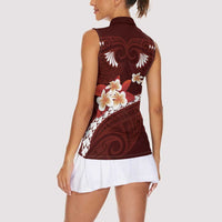 Oxblood Polynesia Women Sleeveless Polo Shirt Tribal Pattern Tropical Frangipani