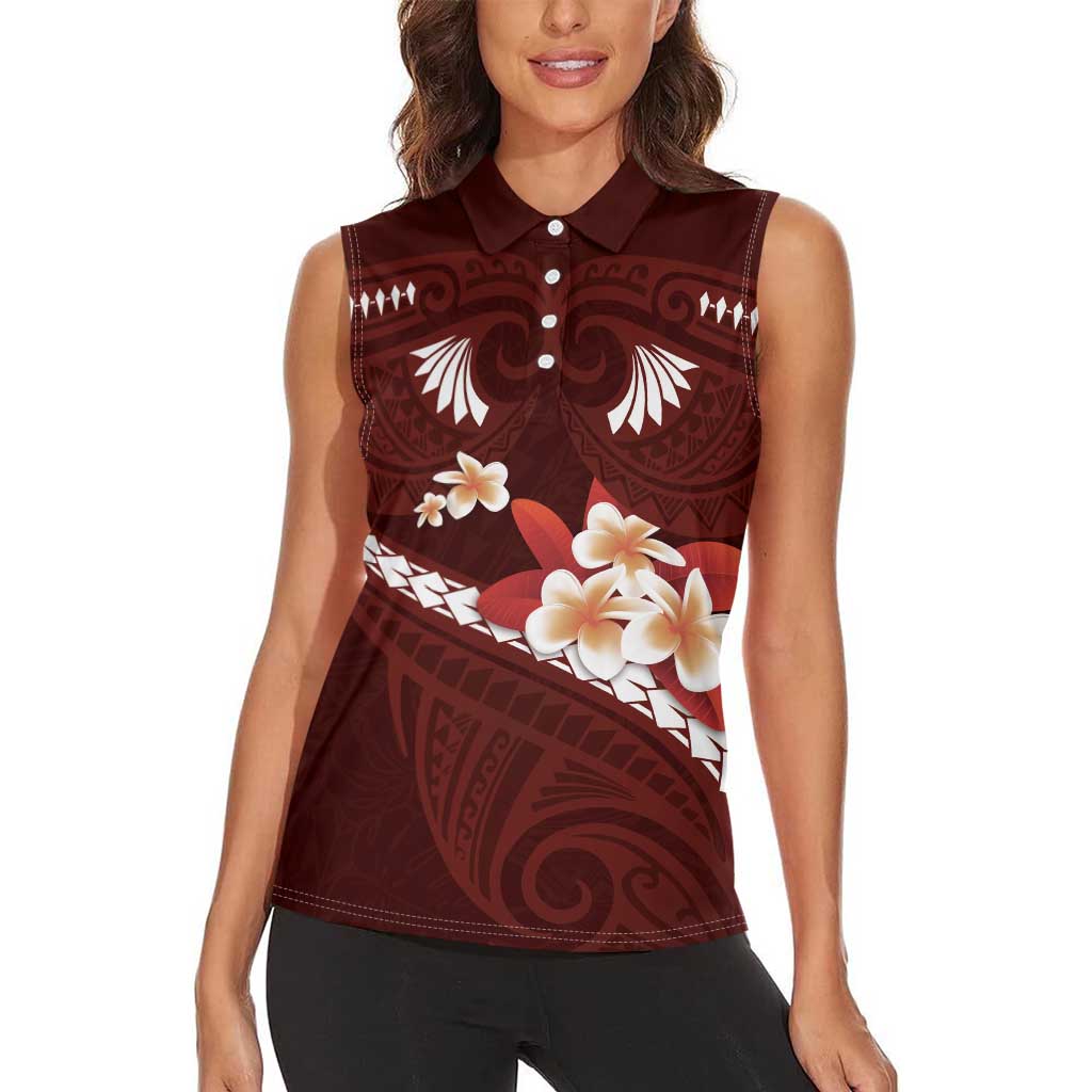 Oxblood Polynesia Women Sleeveless Polo Shirt Tribal Pattern Tropical Frangipani