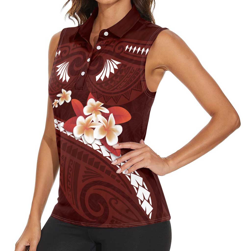 Oxblood Polynesia Women Sleeveless Polo Shirt Tribal Pattern Tropical Frangipani