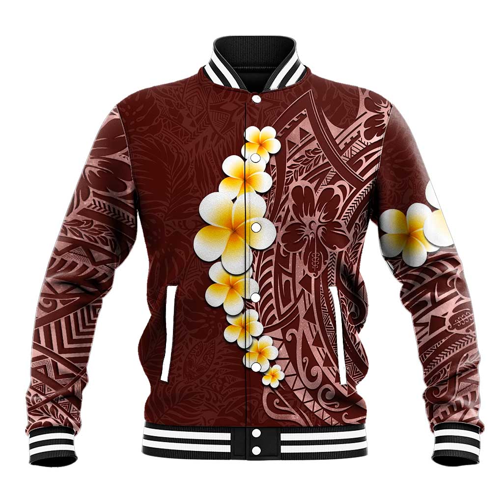 Oxblood Tropical Plumeria With Galaxy Polynesian Art Baseball Jacket