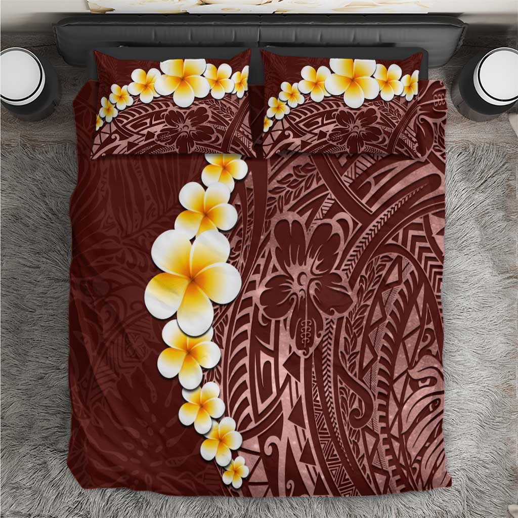 Oxblood Tropical Plumeria With Galaxy Polynesian Art Bedding Set