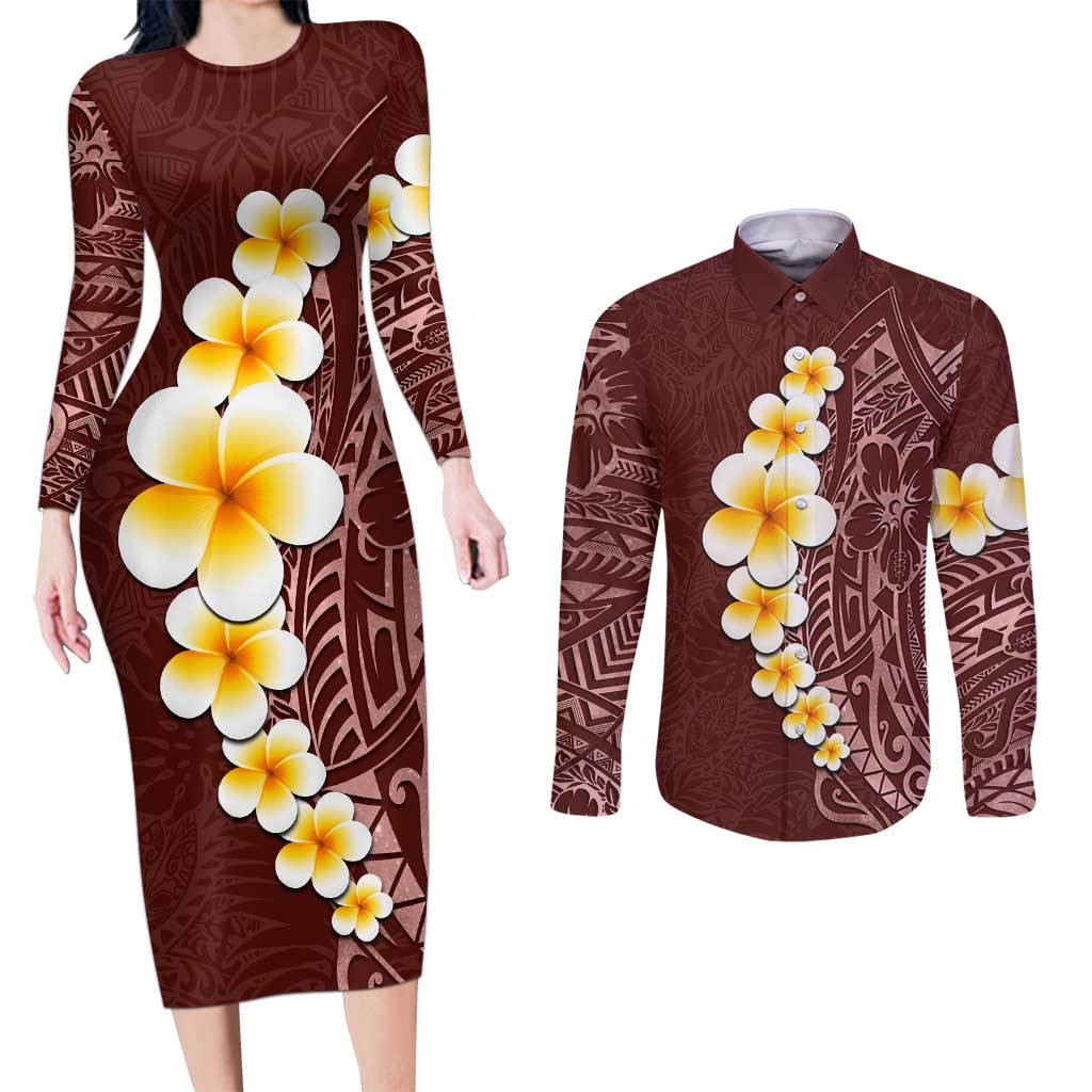 Oxblood Tropical Plumeria With Galaxy Polynesian Art Couples Matching Long Sleeve Bodycon Dress and Long Sleeve Button Shirt LT14 Oxblood - Polynesian Pride