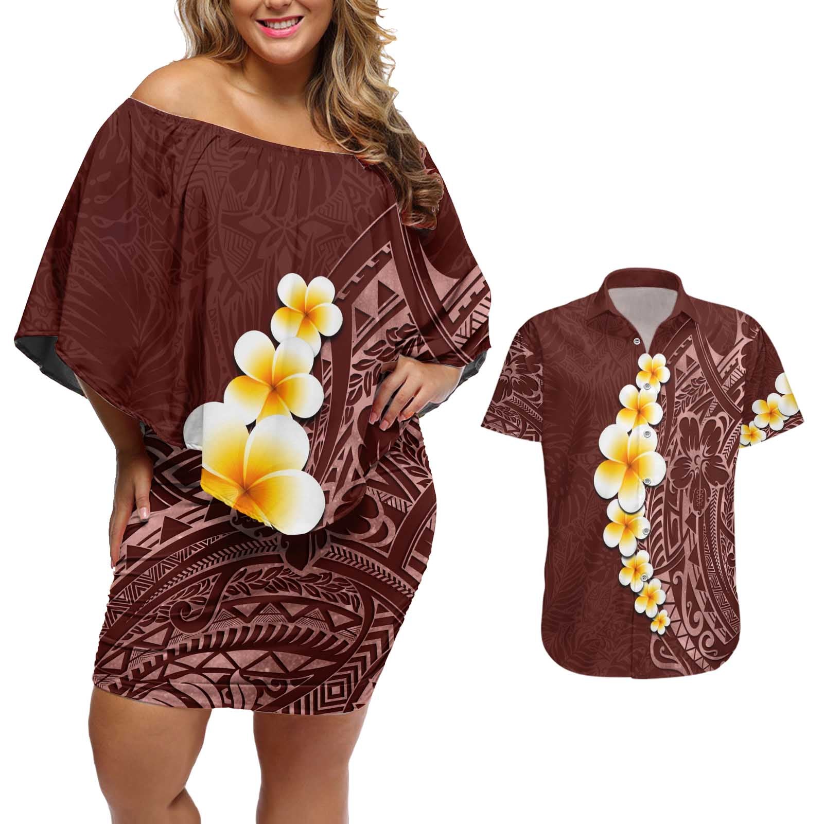 Oxblood Tropical Plumeria With Galaxy Polynesian Art Couples Matching Off Shoulder Short Dress and Hawaiian Shirt