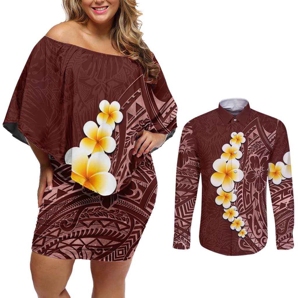 Oxblood Tropical Plumeria With Galaxy Polynesian Art Couples Matching Off Shoulder Short Dress and Long Sleeve Button Shirt LT14 Oxblood - Polynesian Pride