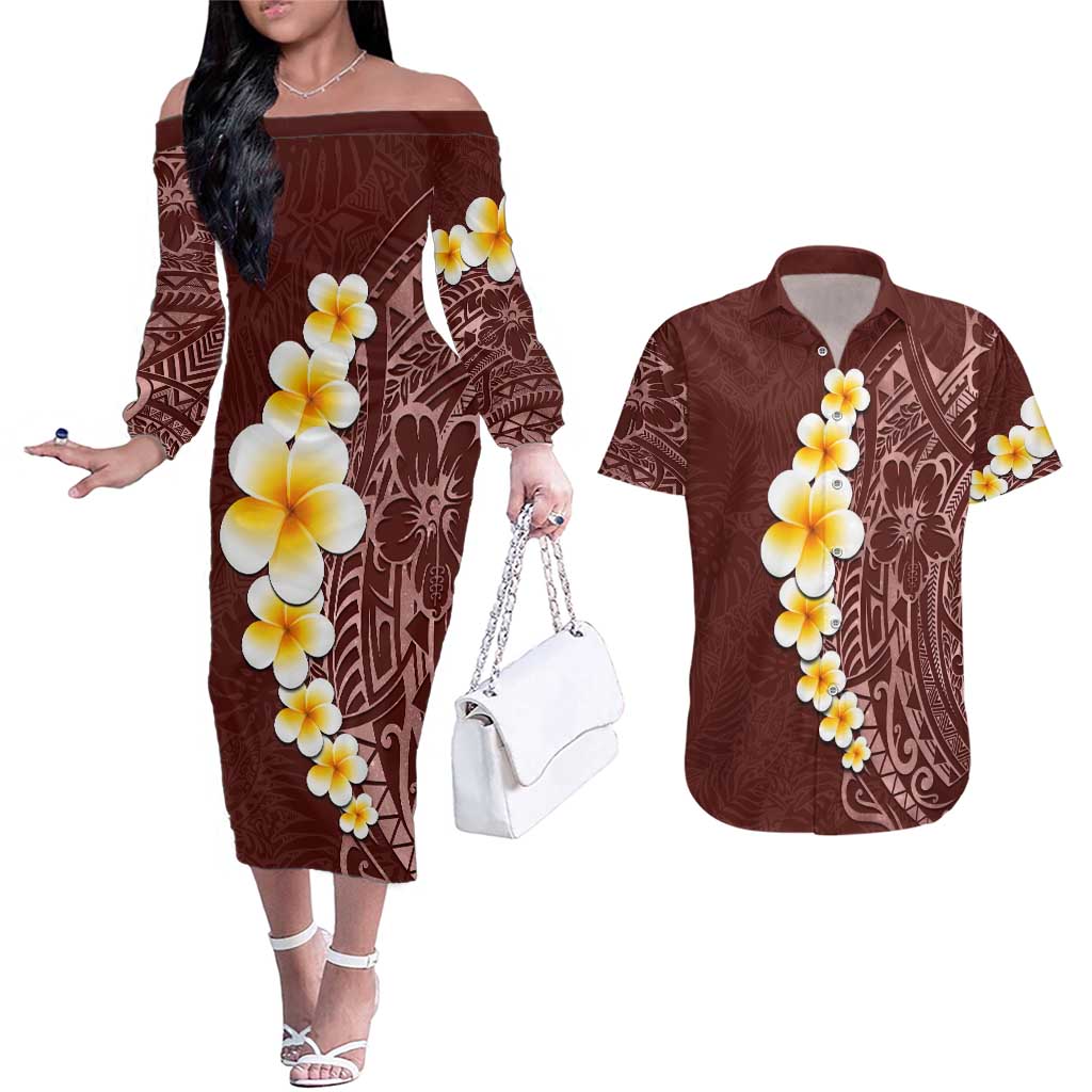 Oxblood Tropical Plumeria With Galaxy Polynesian Art Couples Matching Off The Shoulder Long Sleeve Dress and Hawaiian Shirt LT14 Oxblood - Polynesian Pride