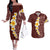 Oxblood Tropical Plumeria With Galaxy Polynesian Art Couples Matching Off The Shoulder Long Sleeve Dress and Hawaiian Shirt