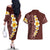 Oxblood Tropical Plumeria With Galaxy Polynesian Art Couples Matching Off The Shoulder Long Sleeve Dress and Hawaiian Shirt