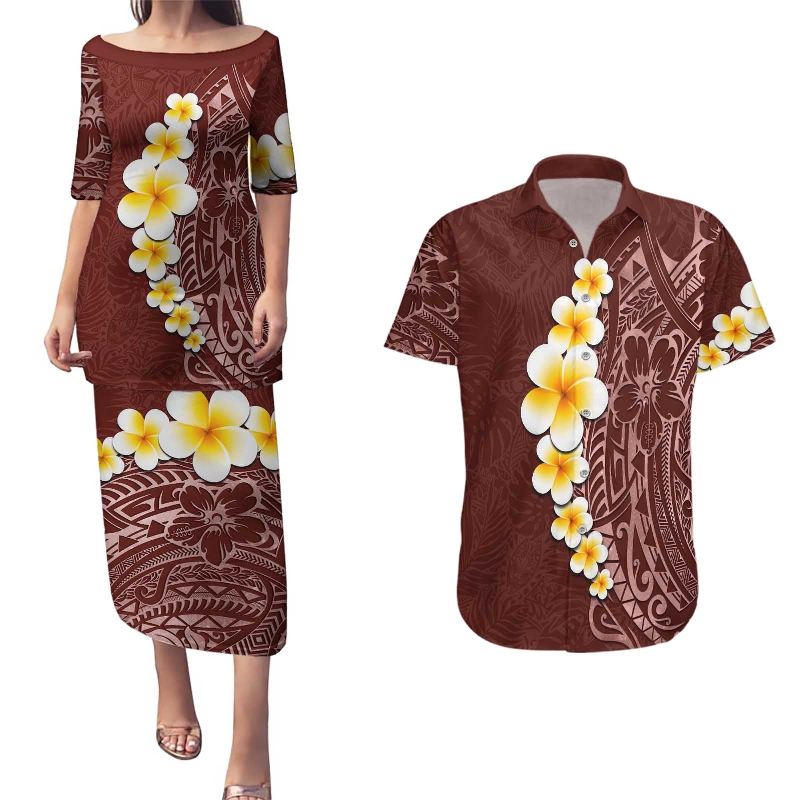 Oxblood Tropical Plumeria With Galaxy Polynesian Art Couples Matching Puletasi and Hawaiian Shirt