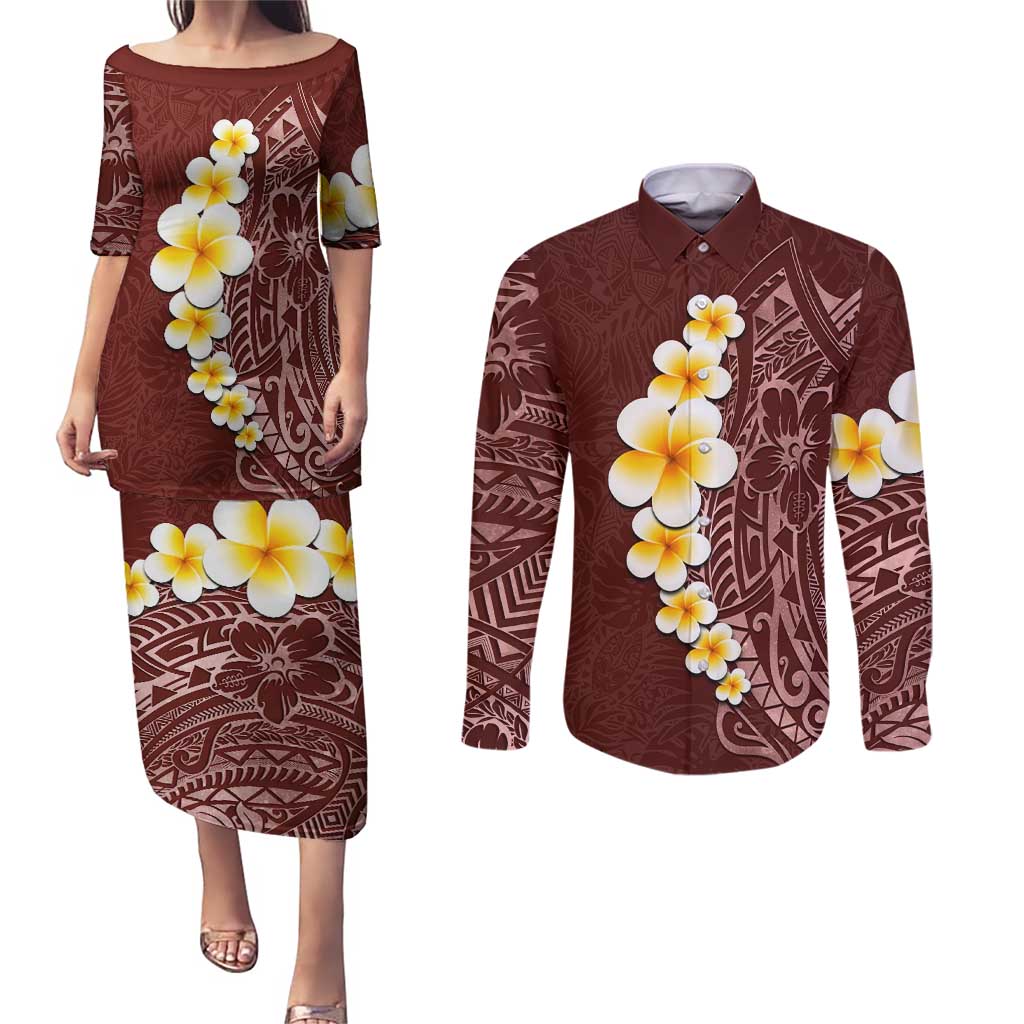 Oxblood Tropical Plumeria With Galaxy Polynesian Art Couples Matching Puletasi and Long Sleeve Button Shirt LT14 Oxblood - Polynesian Pride