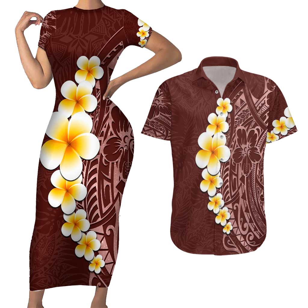 Oxblood Tropical Plumeria With Galaxy Polynesian Art Couples Matching Short Sleeve Bodycon Dress and Hawaiian Shirt