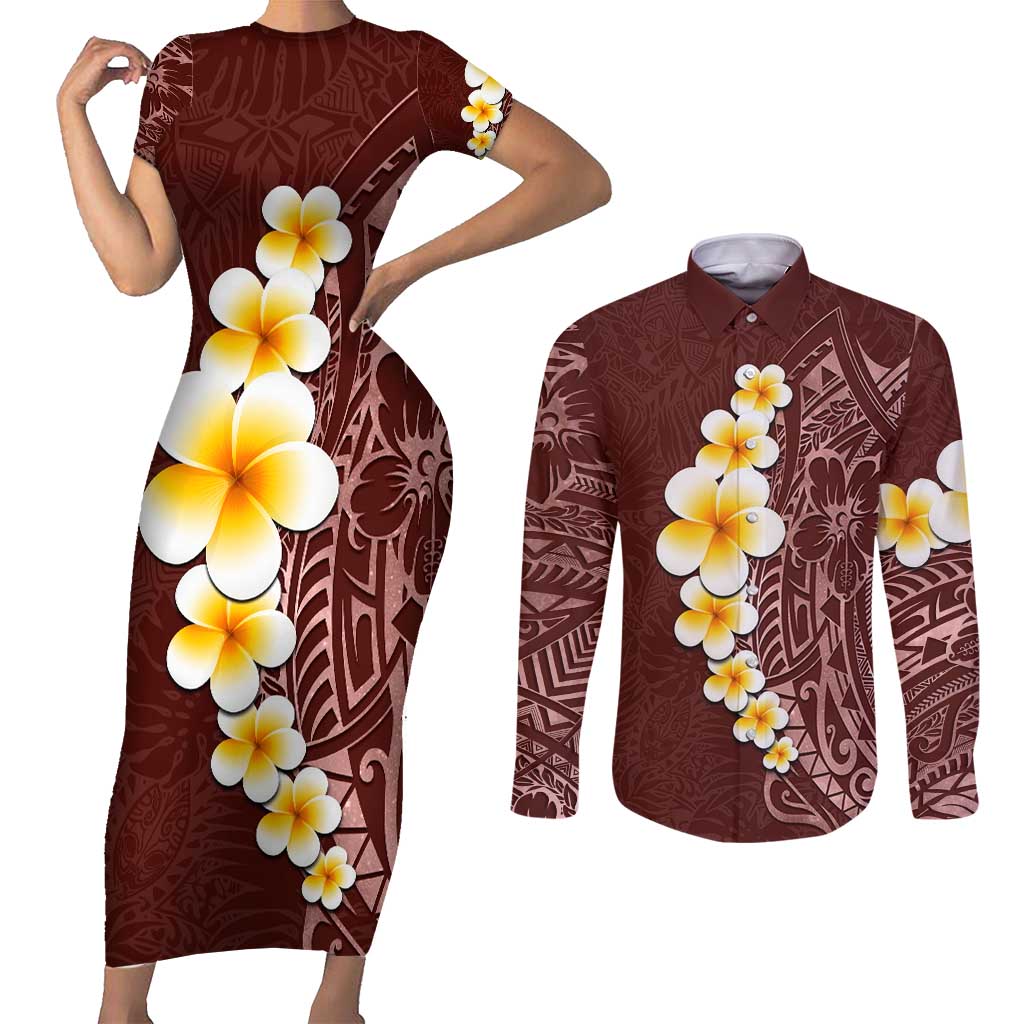 Oxblood Tropical Plumeria With Galaxy Polynesian Art Couples Matching Short Sleeve Bodycon Dress and Long Sleeve Button Shirt LT14 Oxblood - Polynesian Pride