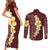 Oxblood Tropical Plumeria With Galaxy Polynesian Art Couples Matching Short Sleeve Bodycon Dress and Long Sleeve Button Shirt