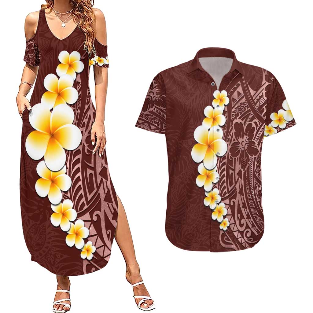 Oxblood Tropical Plumeria With Galaxy Polynesian Art Couples Matching Summer Maxi Dress and Hawaiian Shirt