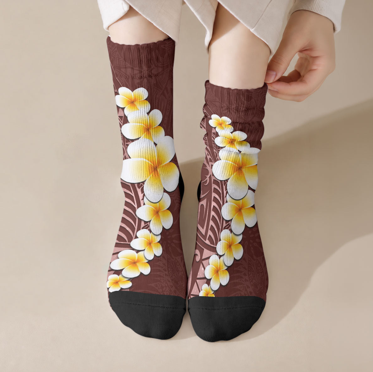 Oxblood Tropical Plumeria With Galaxy Polynesian Art Crew Socks