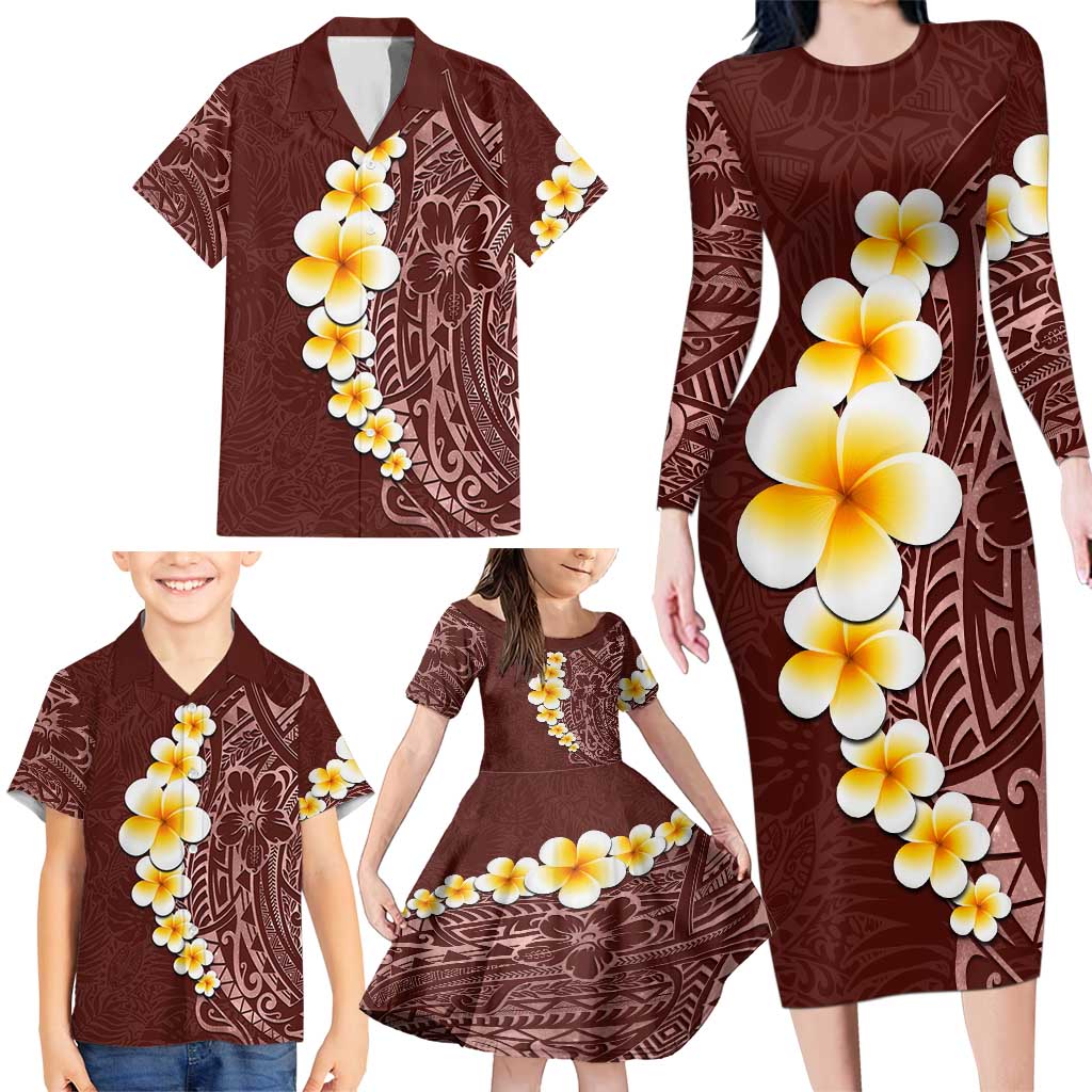 Oxblood Tropical Plumeria With Galaxy Polynesian Art Family Matching Long Sleeve Bodycon Dress and Hawaiian Shirt