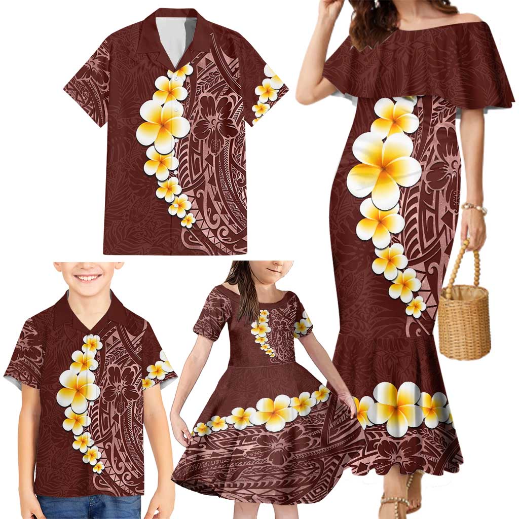 Oxblood Tropical Plumeria With Galaxy Polynesian Art Family Matching Mermaid Dress and Hawaiian Shirt