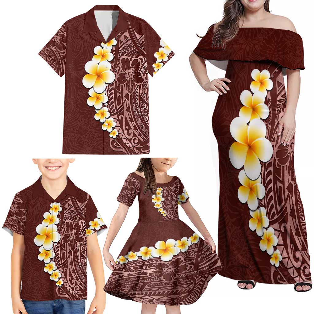 Oxblood Tropical Plumeria With Galaxy Polynesian Art Family Matching Off Shoulder Maxi Dress and Hawaiian Shirt LT14 - Polynesian Pride