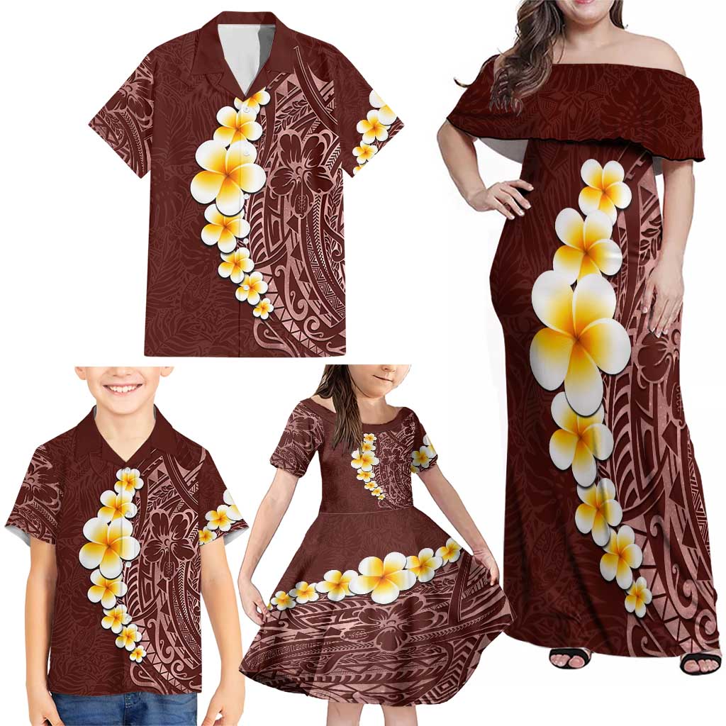 Oxblood Tropical Plumeria With Galaxy Polynesian Art Family Matching Off Shoulder Maxi Dress and Hawaiian Shirt