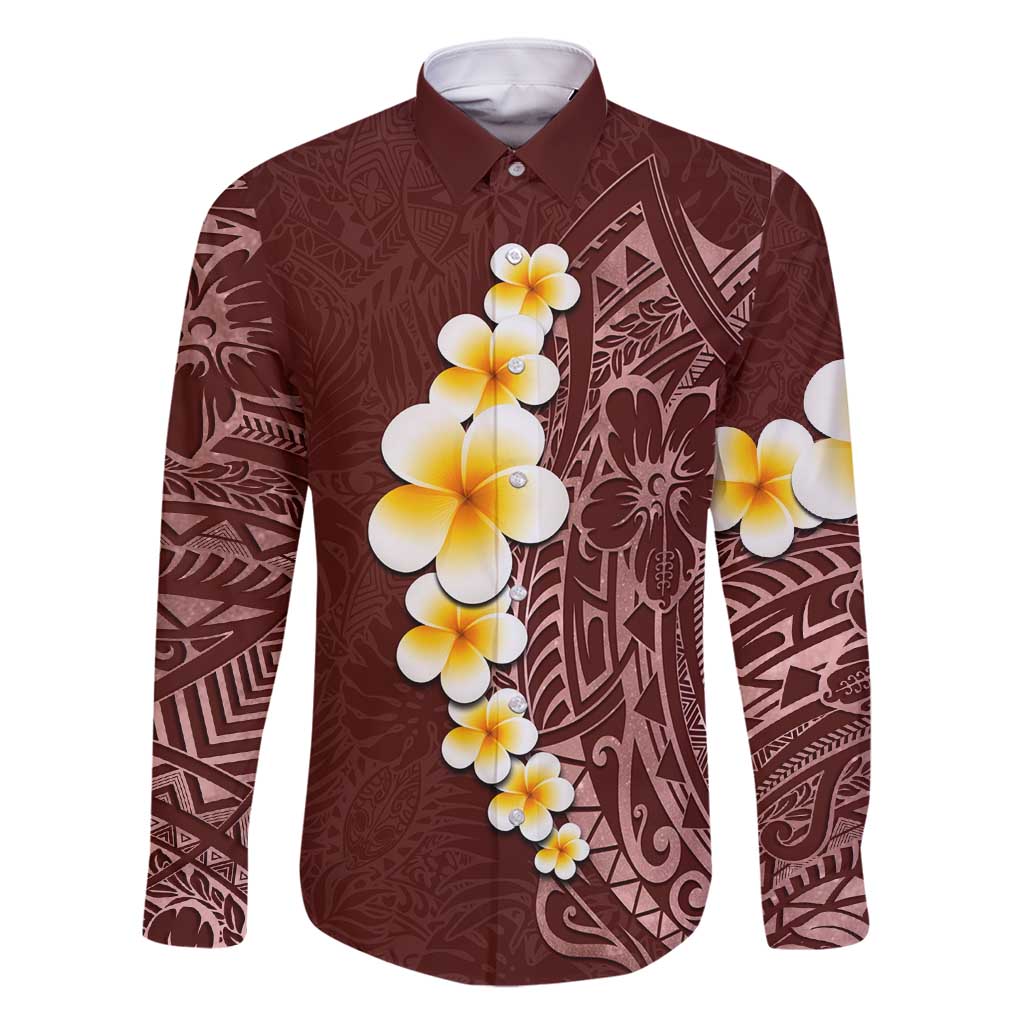 Oxblood Tropical Plumeria With Galaxy Polynesian Art Family Matching Off Shoulder Maxi Dress and Hawaiian Shirt LT14 Dad's Shirt - Long Sleeve Oxblood - Polynesian Pride
