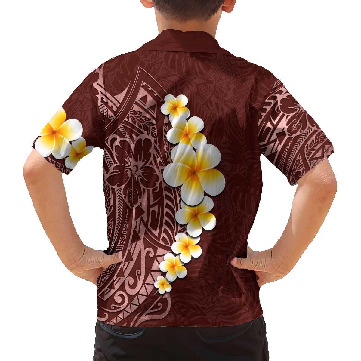 Oxblood Tropical Plumeria With Galaxy Polynesian Art Family Matching Off Shoulder Short Dress and Hawaiian Shirt LT14 - Polynesian Pride