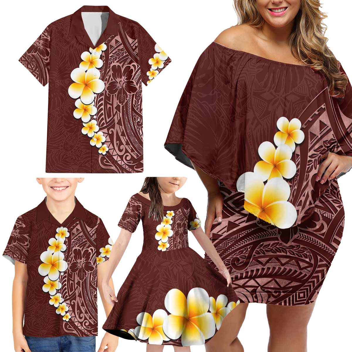 Oxblood Tropical Plumeria With Galaxy Polynesian Art Family Matching Off Shoulder Short Dress and Hawaiian Shirt