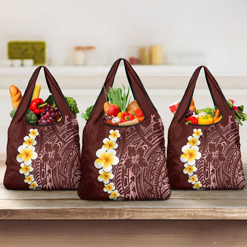 Oxblood Tropical Plumeria With Galaxy Polynesian Art Grocery Bag LT14 3-pack One Size Oxblood - Polynesian Pride