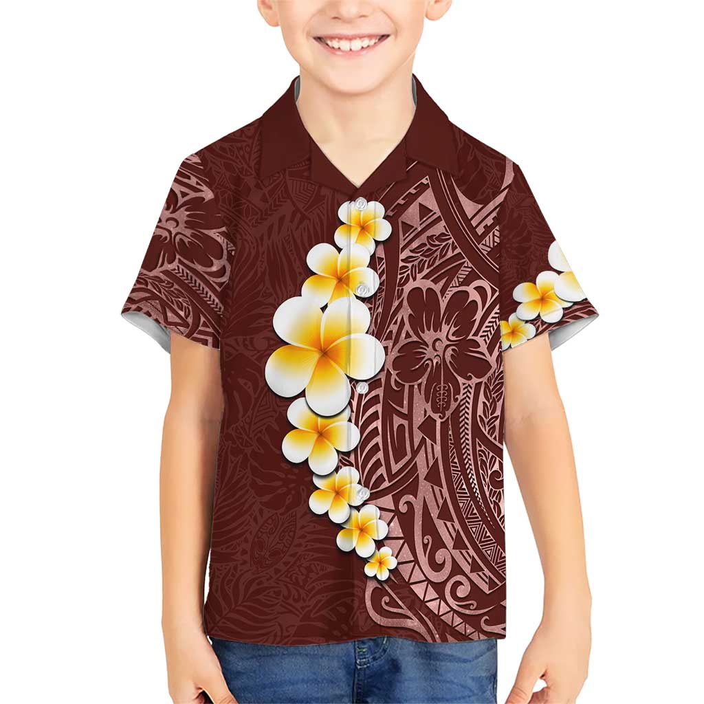 Oxblood Tropical Plumeria With Galaxy Polynesian Art Kid Hawaiian Shirt