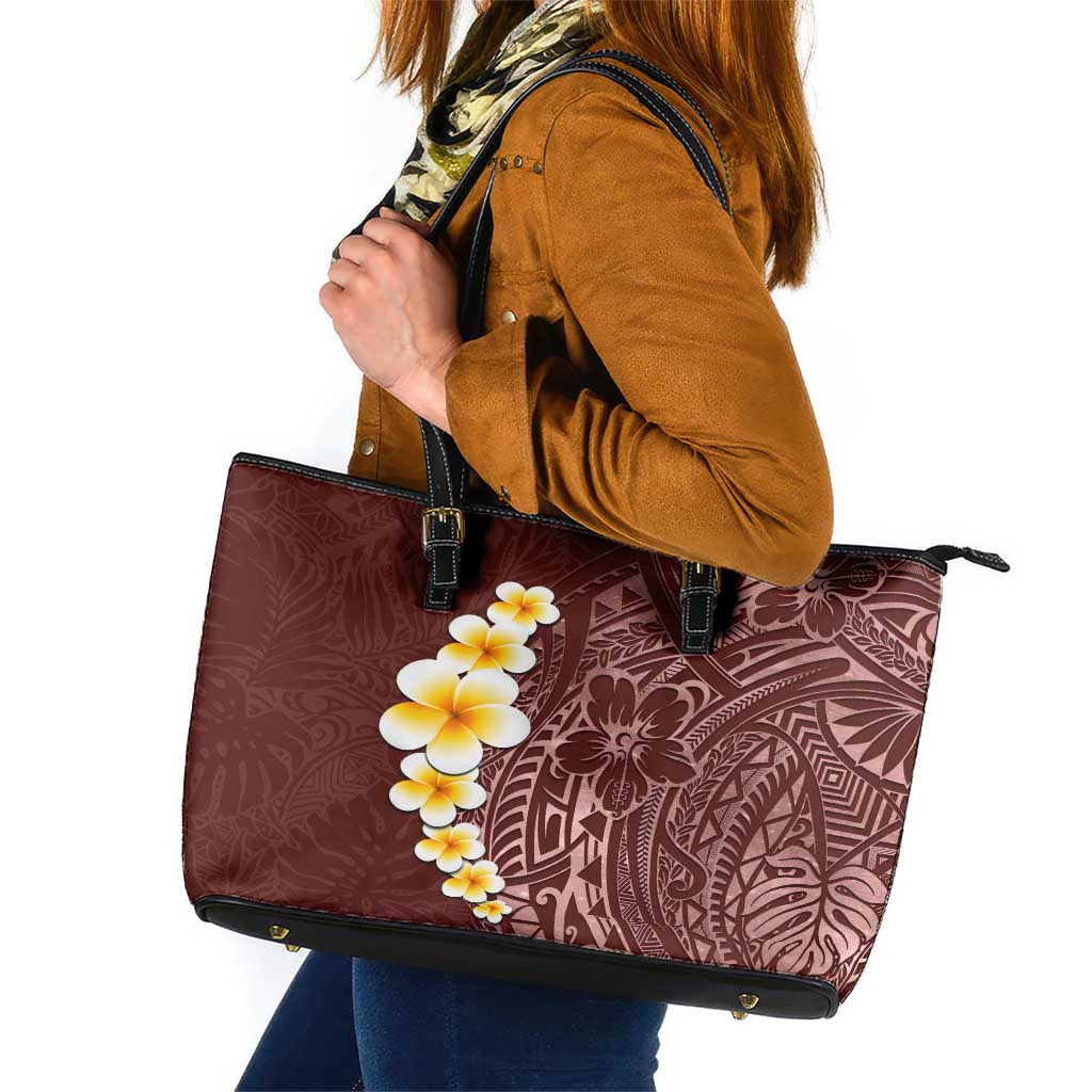 Oxblood Tropical Plumeria With Galaxy Polynesian Art Leather Tote Bag