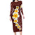 Oxblood Tropical Plumeria With Galaxy Polynesian Art Long Sleeve Bodycon Dress