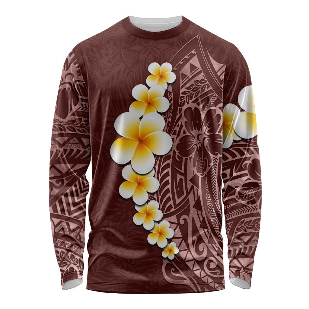 Oxblood Tropical Plumeria With Galaxy Polynesian Art Long Sleeve Shirt