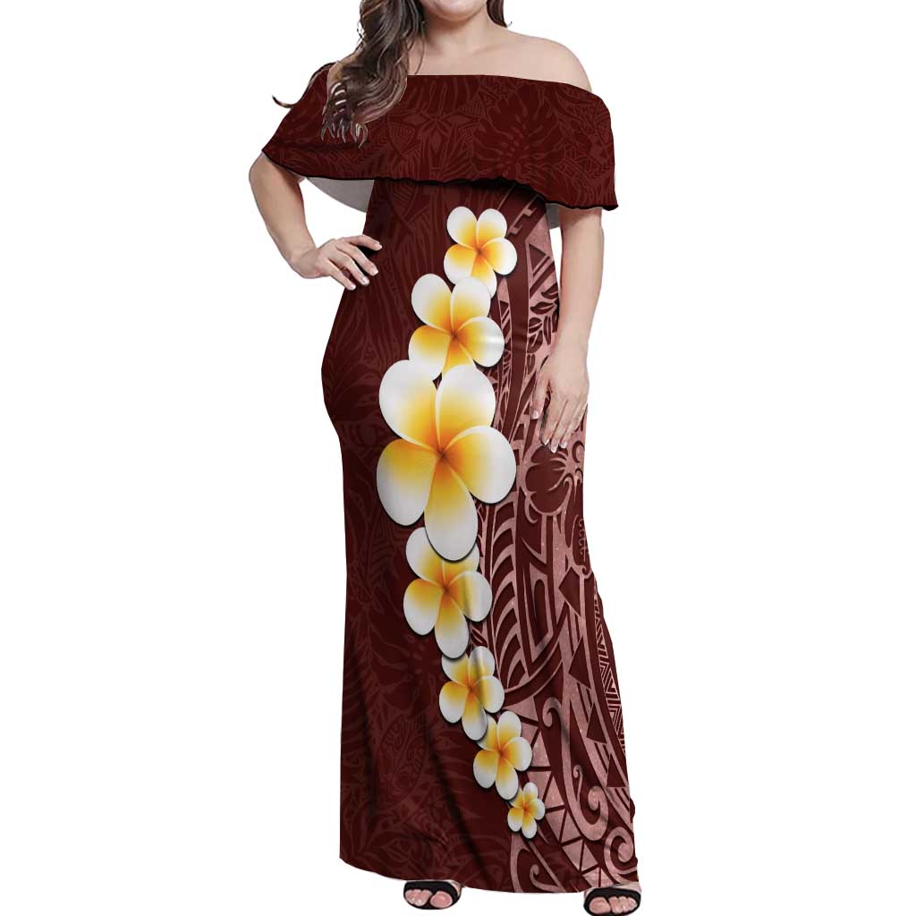 Oxblood Tropical Plumeria With Galaxy Polynesian Art Off Shoulder Maxi Dress LT14 Women Oxblood - Polynesian Pride