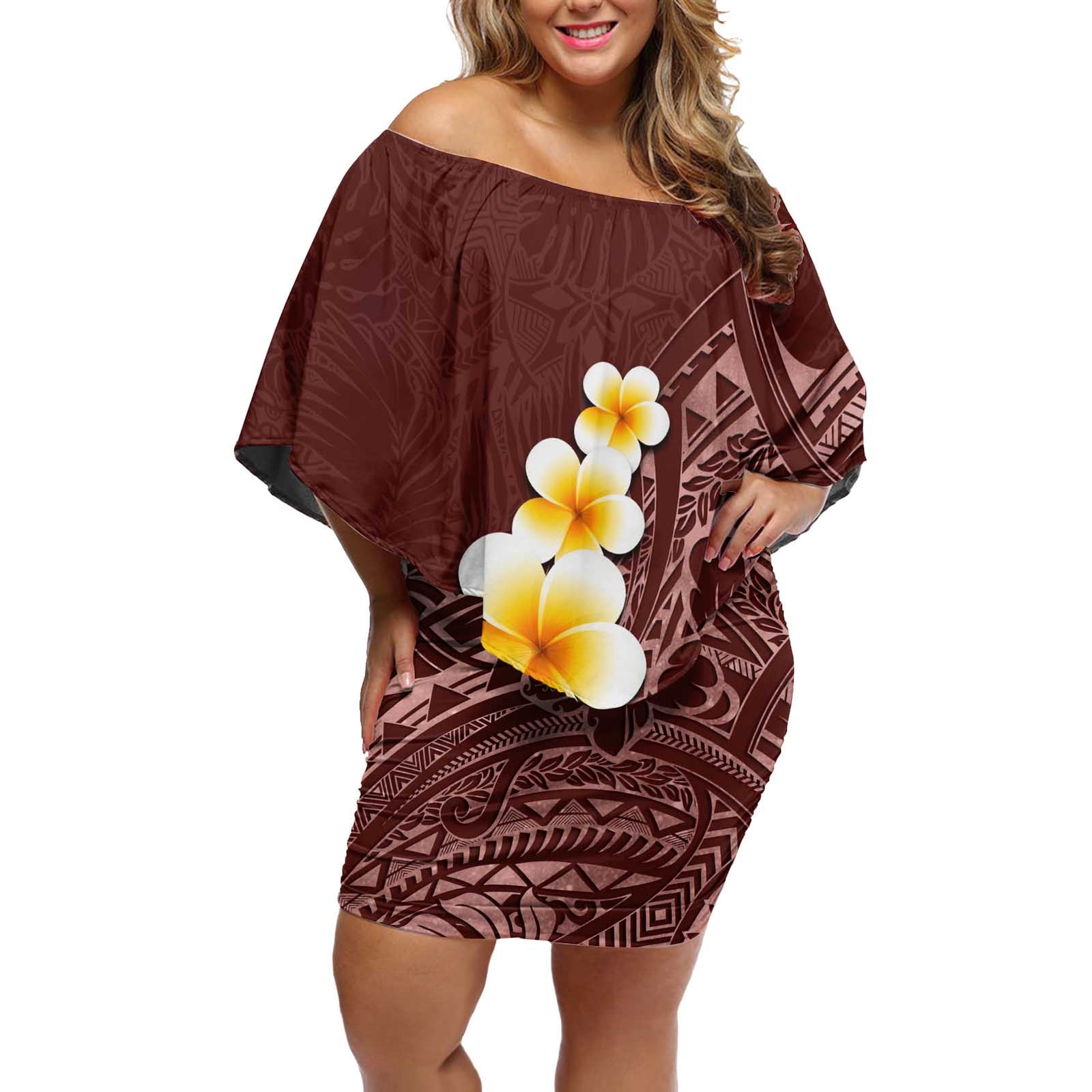 Oxblood Tropical Plumeria With Galaxy Polynesian Art Off Shoulder Short Dress LT14 Women Oxblood - Polynesian Pride