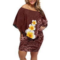 Oxblood Tropical Plumeria With Galaxy Polynesian Art Off Shoulder Short Dress LT14 Women Oxblood - Polynesian Pride