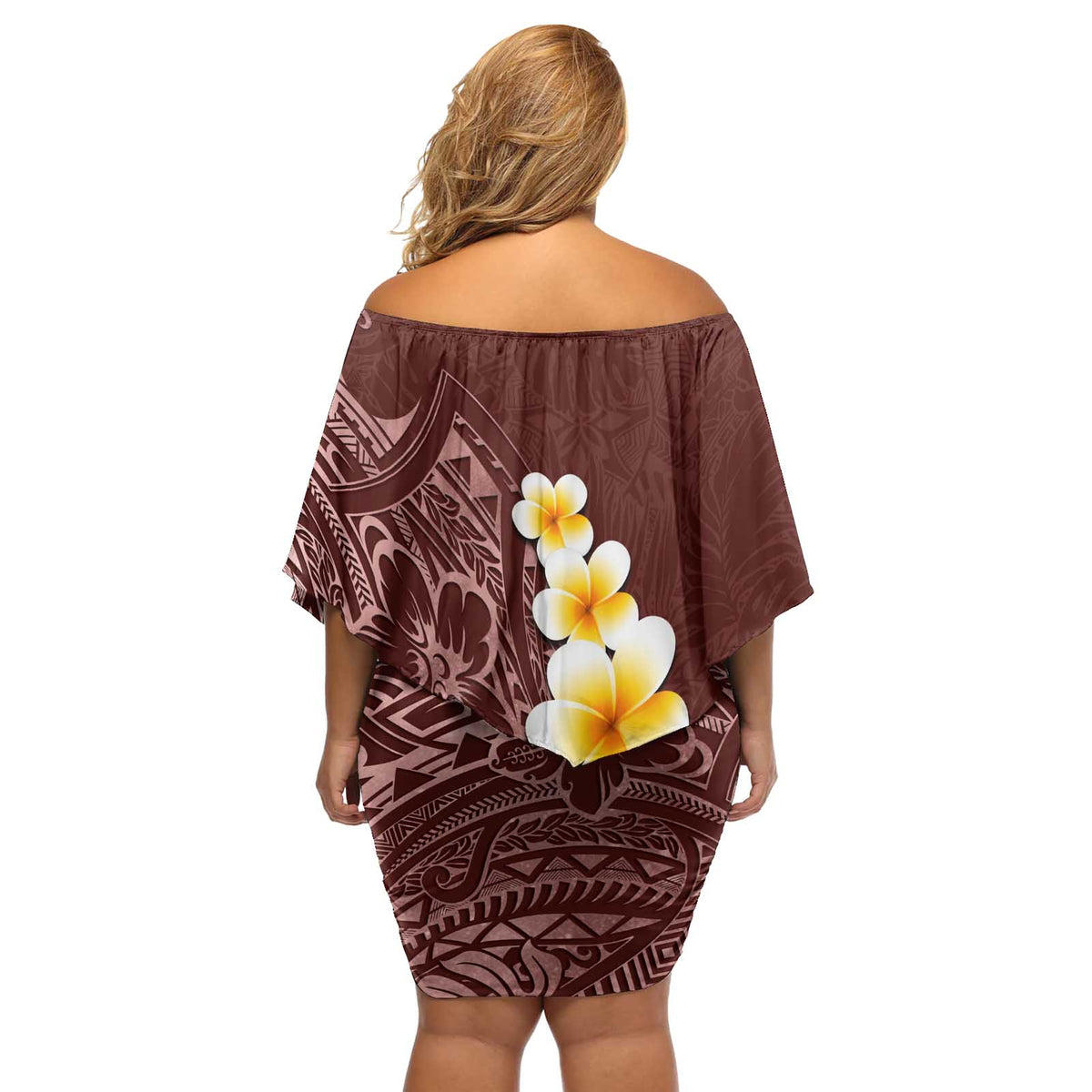 Oxblood Tropical Plumeria With Galaxy Polynesian Art Off Shoulder Short Dress LT14 - Polynesian Pride