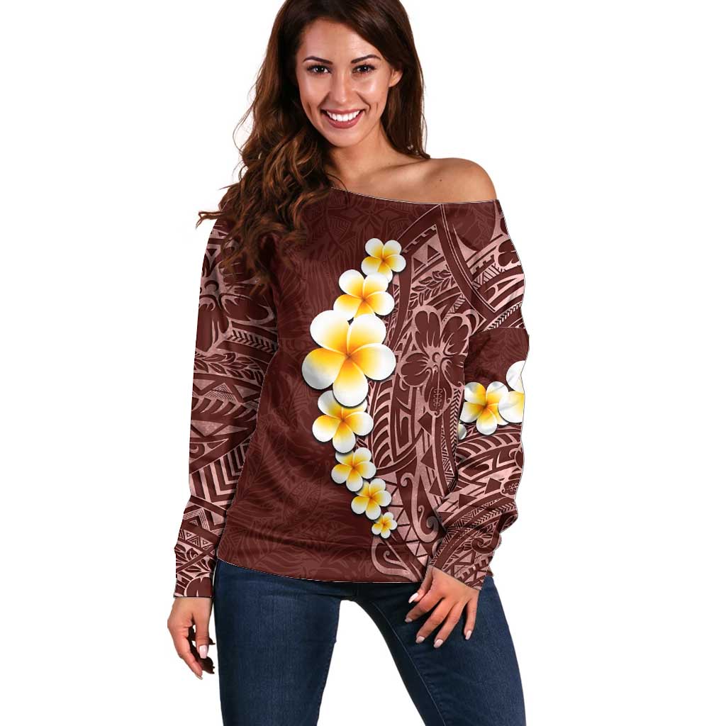 Oxblood Tropical Plumeria With Galaxy Polynesian Art Off Shoulder Sweater