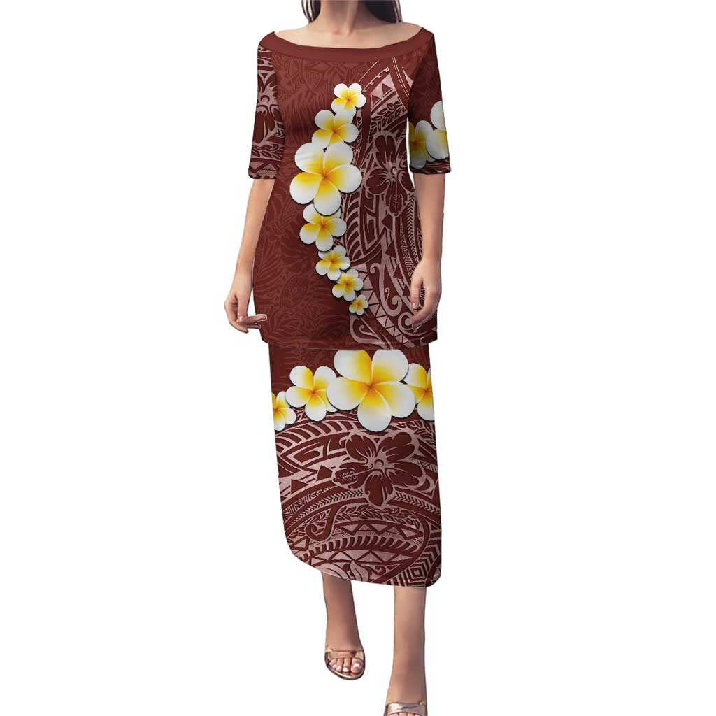 Oxblood Tropical Plumeria With Galaxy Polynesian Art Puletasi LT14 Long Dress Oxblood - Polynesian Pride