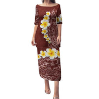 Oxblood Tropical Plumeria With Galaxy Polynesian Art Puletasi LT14 Long Dress Oxblood - Polynesian Pride