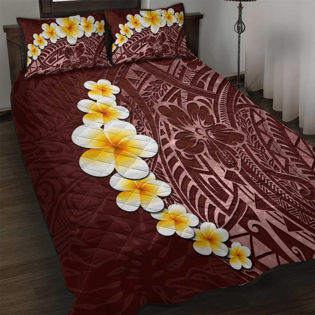 Oxblood Tropical Plumeria With Galaxy Polynesian Art Quilt Bed Set