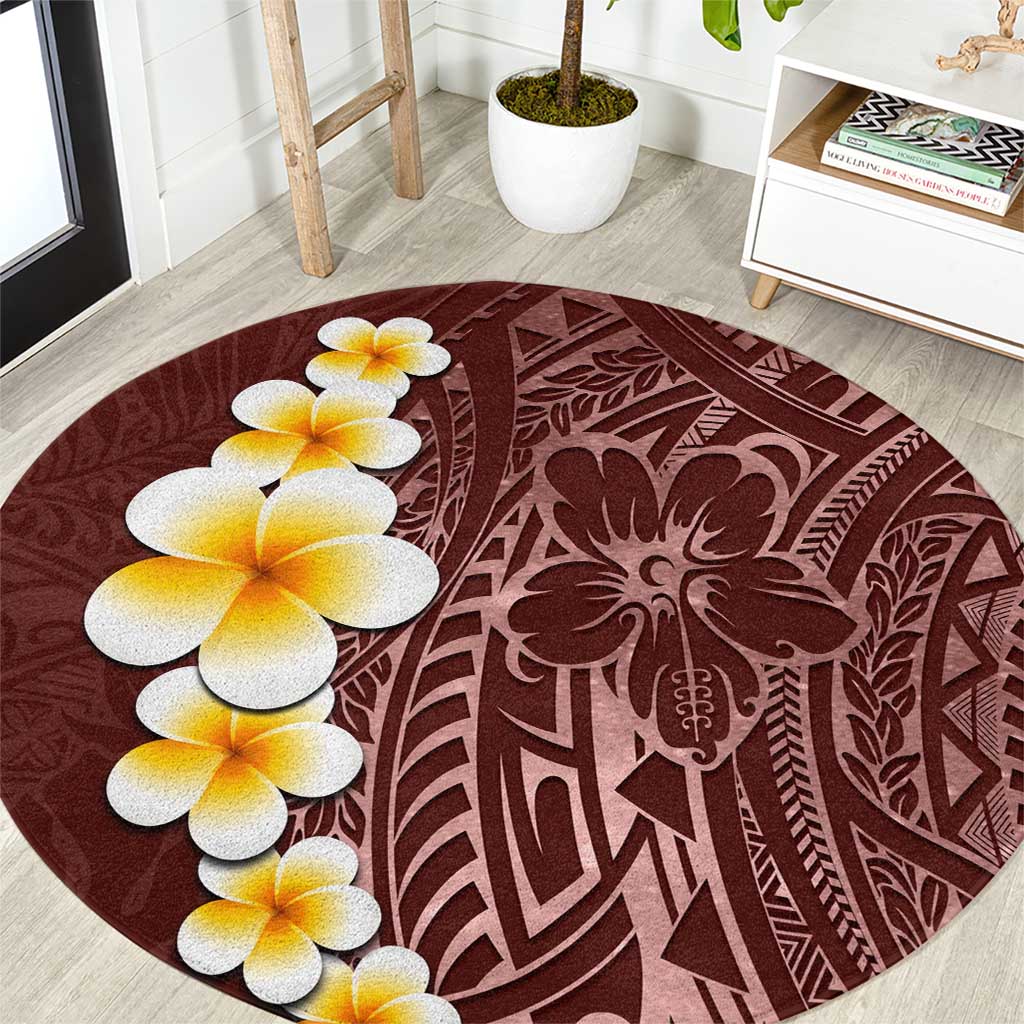 Oxblood Tropical Plumeria With Galaxy Polynesian Art Round Carpet
