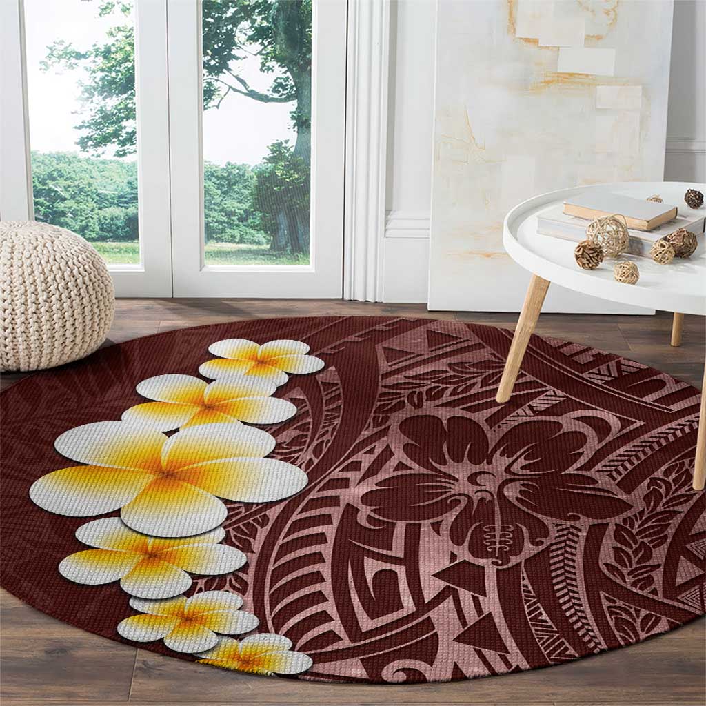 Oxblood Tropical Plumeria With Galaxy Polynesian Art Round Carpet