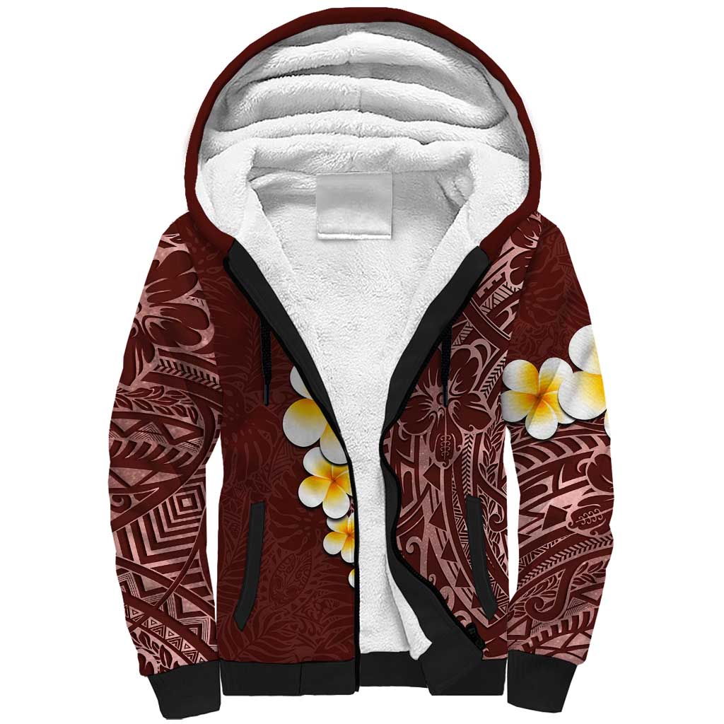 Oxblood Tropical Plumeria With Galaxy Polynesian Art Sherpa Hoodie