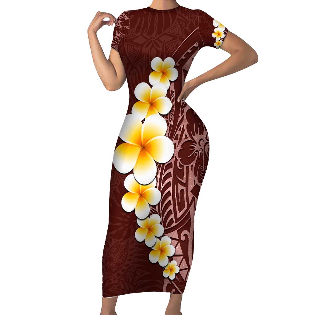 Oxblood Tropical Plumeria With Galaxy Polynesian Art Short Sleeve Bodycon Dress
