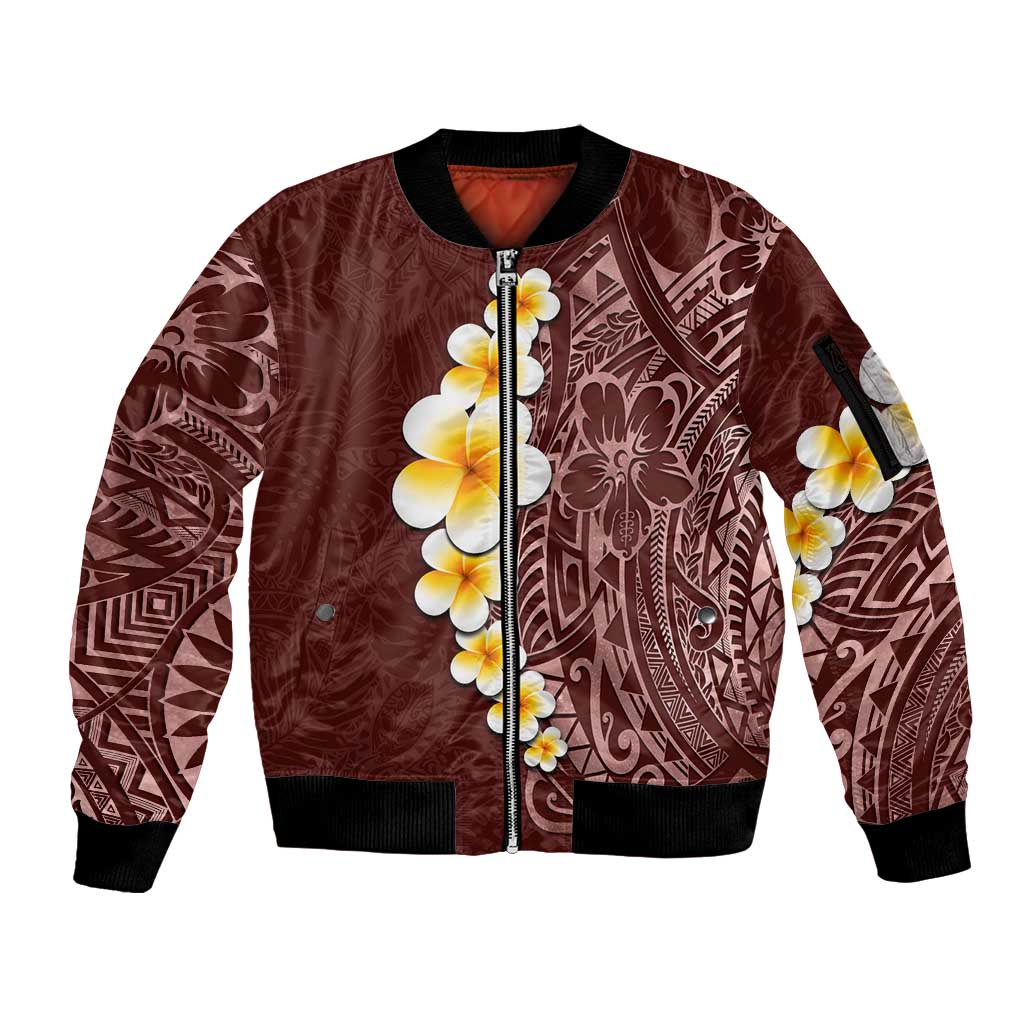 Oxblood Tropical Plumeria With Galaxy Polynesian Art Sleeve Zip Bomber Jacket